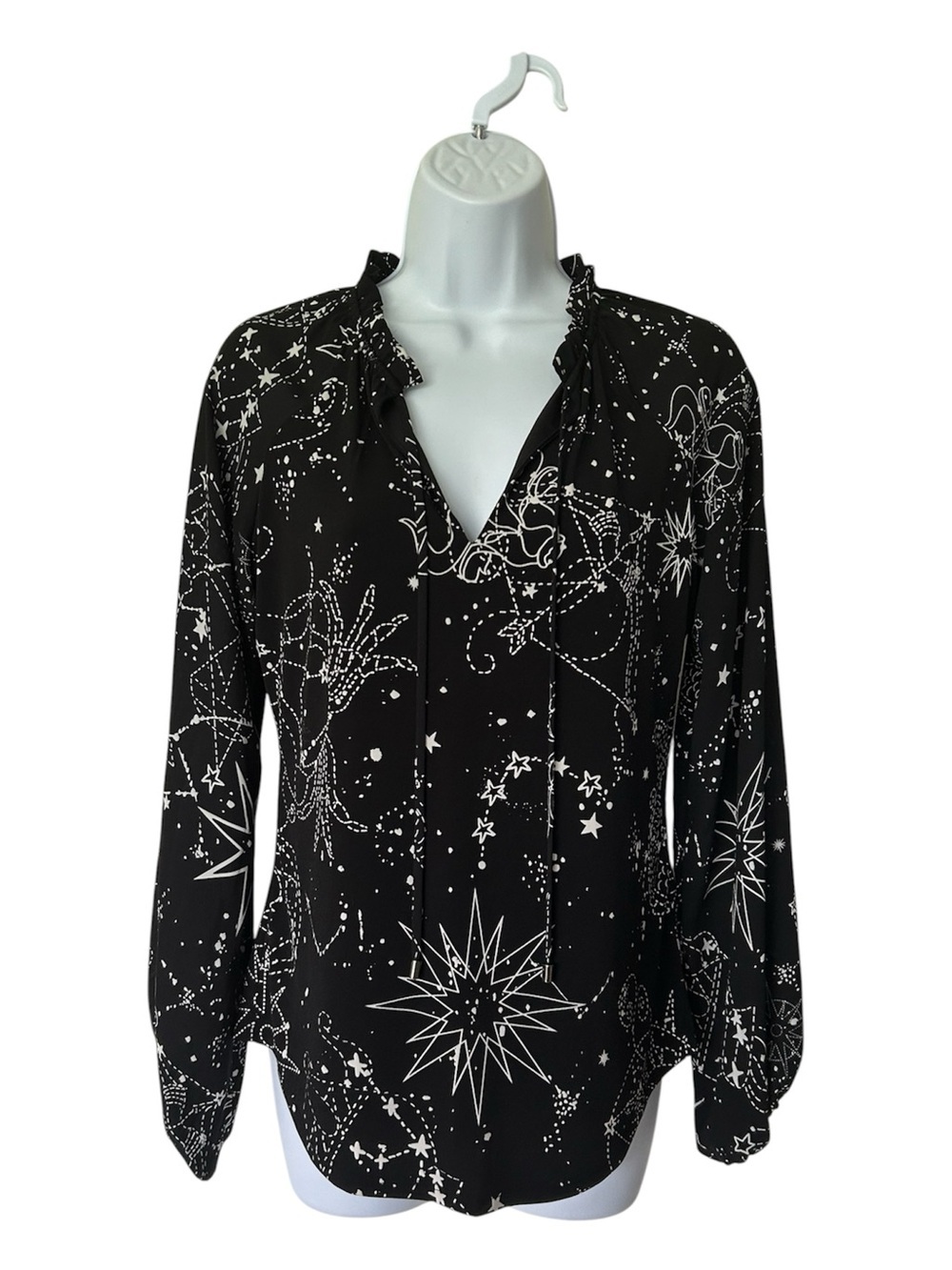 White House Black Market Celestial Zodiac Blouse Ruffle Tie Neck Black XS - Picture 2 of 9